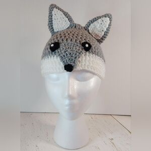 Grey Fox Child Handmade Beanie Crochet Stocking Hat Animal Winter Warm Cozy